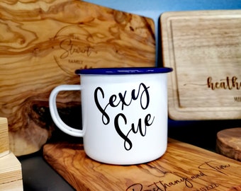 Personalized Engraved Enamel Camping Mug: Double Sided Scene
