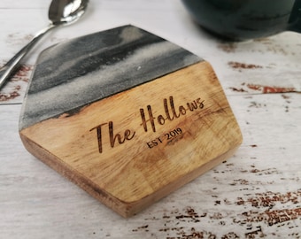 Engraved Marble and Acacia Wood Coaster | Personalized Gift