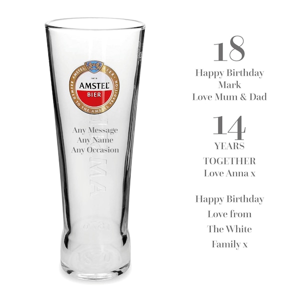 Personalised Engraved Amstel Pint Glass | Perfect for Birthdays, Anniversaries or Any Occasion