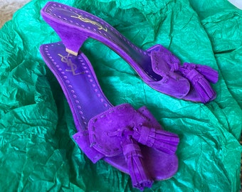 Vintage GENUINE Yves Saint Laurent 1980s Suede Low Heel mules, Shoes 36.5 (UK 3.5/4) Purple  YSL
