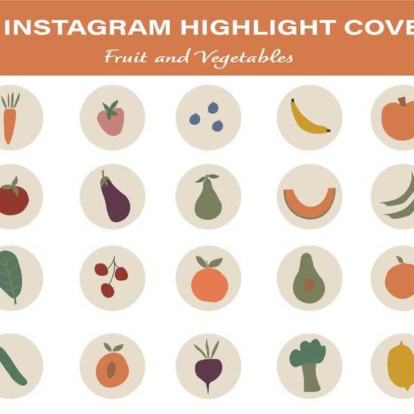 20 Food Instagram Highlight Covers for Food Bloggers and Foodies, Fruit and Vegetables for Instagram Story Icons