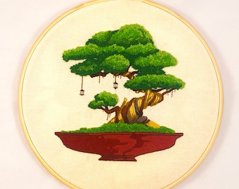 Embroidery Pattern & Guide: Bonsai Tree with Lanterns - Thread Painting - Instant Digital Download - PDF Embroidery Pattern