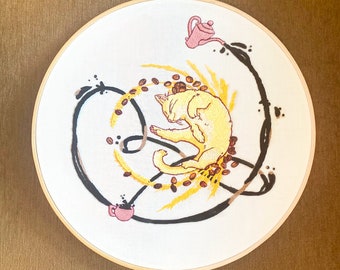 Embroidery Pattern & Guide: Coffee Bean Cat - Thread Painting - Instant Digital Download - PDF Embroidery Pattern
