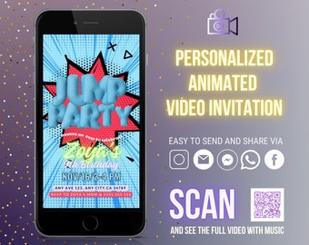 Puede incluir: La pantalla de un teléfono inteligente muestra una invitación animada en video a color para una fiesta de cumpleaños número 9. La invitación presenta un diseño de estilo de dibujos animados con las palabras "Jump Party" y un globo azul. El texto en la pantalla dice "Zoya's 9th Birthday, Nov 16/2-4 PM, Any Ave 123, Any City, CA 34789, RSVP to Zoya's Mom @ 5555 555 555".