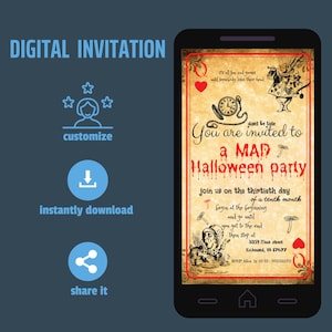 Digital invitation Alice in wonderland Halloween party, instant download halloween party Alice invitation, mad hatter halloween party invite