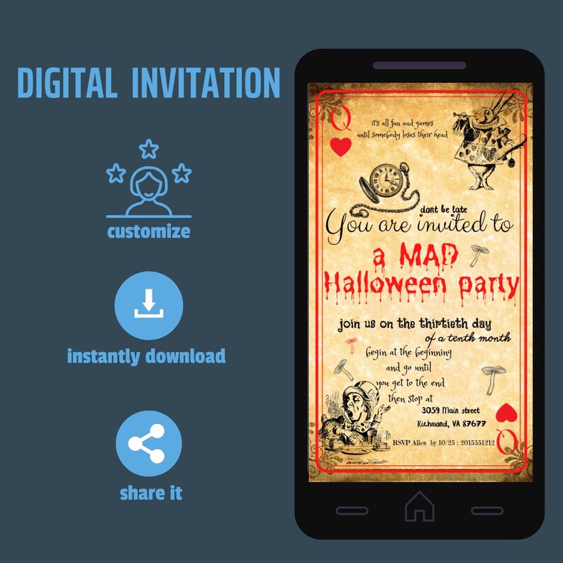 Digital invitation Alice in wonderland Halloween party instant download halloween party Alice invitation mad hatter halloween