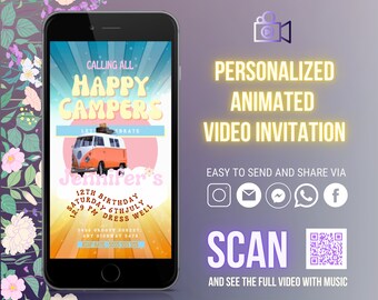 Camp Party digital video Invitation with background music, Camp Out Birthday Invite Outdoor Camping Tent Girl Pink, Campout Sleepover