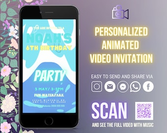Summer Fun Waterslide Party Digital video invitation with background music, pool party personalized invite