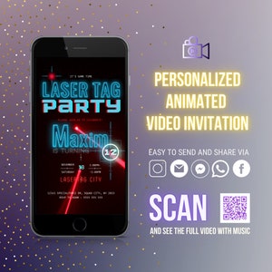 Laser Tag party animated video invitation with background music, fully personalized, instant download digital laser tag invite