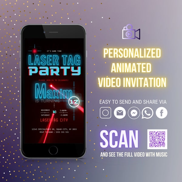 Invitation vidéo animée à la fête Laser Tag avec musique de fond, entièrement personnalisée, invitation numérique laser tag à téléchargement instantané