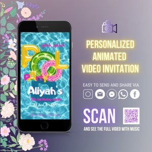 May include: A personalized animated video invitation for a pool party. The invitation features a cartoon image of a pool with inflatable rings and the text "Aliyah's 7th birthday bash". The invitation also includes a QR code that can be scanned to view the full video with music.