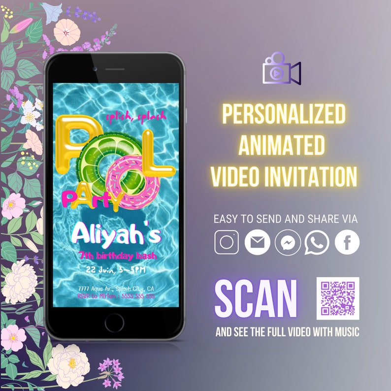 May include: A personalized animated video invitation for a pool party. The invitation features a cartoon image of a pool with inflatable rings and the text "Aliyah's 7th birthday bash". The invitation also includes a QR code that can be scanned to view the full video with music.