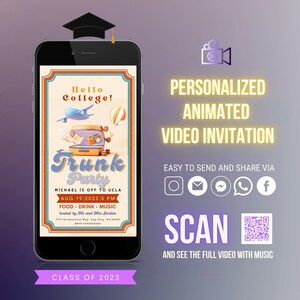 Trunk Party digital video Invitation with background music, College University Going Away Party Invite, off to college party invitation