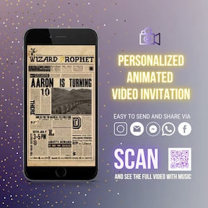 Wizard Witch magic school birthday party digital video invitation, personalized, instant download wizard newspaper invite