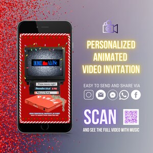 Christmas Pizza movie night digital video invitation with music, fully personalized, instant download friendmas pizza celebration invite