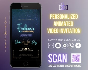A night under the stars birthday party digital video invitation, personalized, instant download camp bonfire starry night sleepover invite