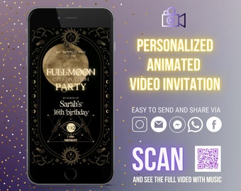 Full Moon sweet sixteen witch video digital invitation, personalized, instant download  witch moon celebration party invite