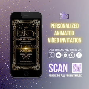 Roaring 20's birthday party animated video invitation with background music, fully personalized, instant download  Gatsby celebration invite