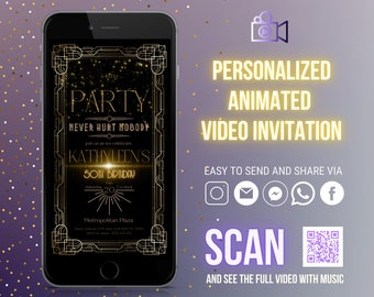 Roaring 20's birthday party animated video invitation with background music, fully personalized, instant download  Gatsby celebration invite