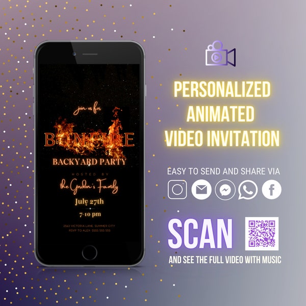 Bonfire backyard Party animated digital video invitation, personalized, instant download magical bonfire birthday party invite