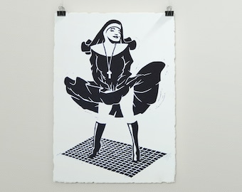 May include: Black and white print of a nun wearing a habit and a cross necklace. The nun is standing on a chequered pattern.