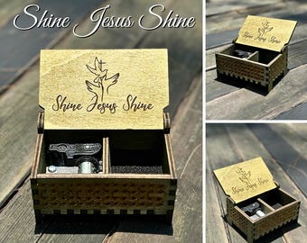 Shine Jesus Shine Music Box | Wind-up and Hand-crank Model | Custom Engraving | Compartment for Small Keepsakes | Perfect Confirmation Gift