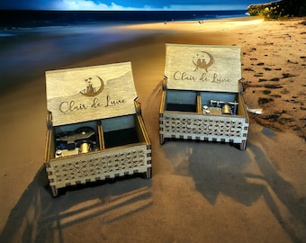 Clair De Lune Music Box | Wind-up and Hand-crank Version | Custom Engraving | Compartment for Small Keepsakes | Gift for Your Loved Ones