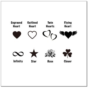 Puede incluir: Elementos de dise&ntilde;o gr&aacute;fico en blanco y negro que incluyen un coraz&oacute;n, un s&iacute;mbolo de infinito, una estrella, una rosa, un tr&eacute;bol y un coraz&oacute;n volador. Tambi&eacute;n se incluye el texto "Coraz&oacute;n grabado", "Coraz&oacute;n delineado", "Corazones gemelos", "Coraz&oacute;n volador", "Infinito", "Estrella", "Rosa" y "Tr&eacute;bol".