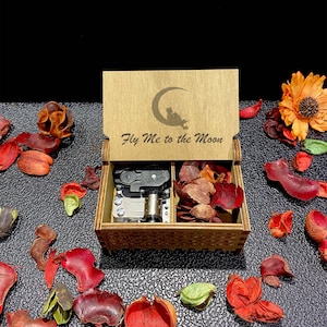Fly Me to the Moon Music Box | Custom Engraving | Wind-up & Hand-crank Versions | Compartment for Small Keepsakes | Perfect for Music-lovers