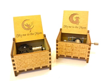 Fly Me to the Moon Wooden Music Box | Wind-up & Hand-crank Version | Custom Engraving | Perfect Gift for Your Loved Ones