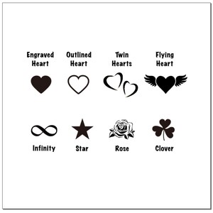 Puede incluir: Elementos de dise&ntilde;o gr&aacute;fico en blanco y negro que incluyen un coraz&oacute;n, un s&iacute;mbolo de infinito, una estrella, una rosa, un tr&eacute;bol y un coraz&oacute;n volador. Tambi&eacute;n se incluye el texto "Coraz&oacute;n grabado", "Coraz&oacute;n delineado", "Corazones gemelos", "Coraz&oacute;n volador", "Infinito", "Estrella", "Rosa" y "Tr&eacute;bol".