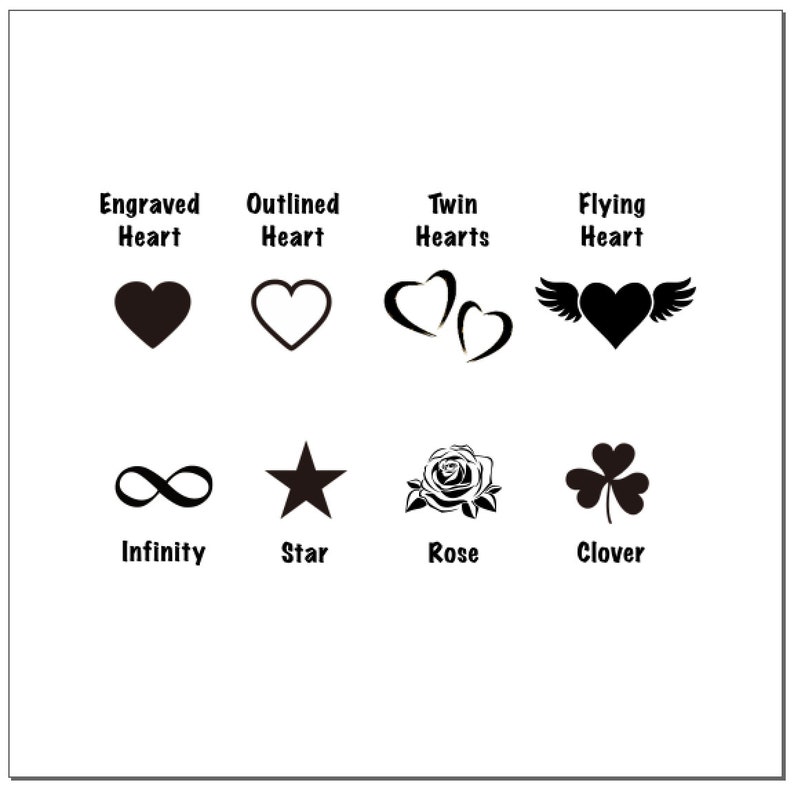 Puede incluir: Elementos de dise&ntilde;o gr&aacute;fico en blanco y negro que incluyen un coraz&oacute;n, un s&iacute;mbolo de infinito, una estrella, una rosa, un tr&eacute;bol y un coraz&oacute;n volador. Tambi&eacute;n se incluye el texto "Coraz&oacute;n grabado", "Coraz&oacute;n delineado", "Corazones gemelos", "Coraz&oacute;n volador", "Infinito", "Estrella", "Rosa" y "Tr&eacute;bol".