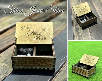 Shine Jesus Shine Music Box | Wind-up and Hand-crank Model | Custom Engraving | Compartment for Small Keepsakes | Perfect Confirmation Gift