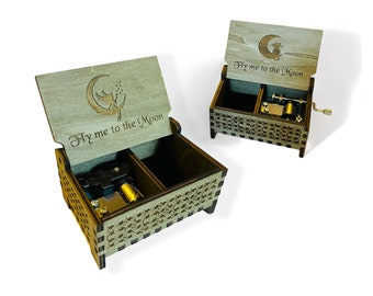 Fly Me to the Moon Wind-up and Hand-crank Music Box | Custom Engraving | Storage Compartment for Small Keepsakes | Gift for Your Loved Ones