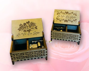La Vie En Rose Music Box | Wind-up and Hand-crank Version | Custom Engraving | Compartment for Small Keepsakes | Gift for Your Loved Ones