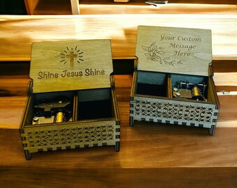 Shine Jesus Shine | Wind-up and Hand-crank Music Box | Custom Engraving | Storage Compartment for Small Keepsakes | Gift for Your Loved Ones