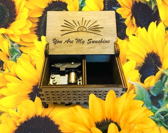 You Are My Sunshine Music Box | Wind-up and Hand-crank Version | Custom Engraving | Compartment for Small Keepsakes | Gift for All Occasions