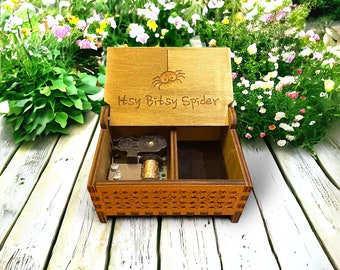 Itsy Bitsy Spider Music Box | Wind-up and Hand-crank Version | Custom Engraving | Compartment for Small Keepsakes | Perfect Gift for Kids