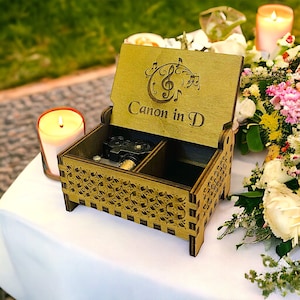 Canon in D Music Box | Wind-up and Hand-crank Version | Custom Engraving | Compartment for Small Keepsakes | Perfect Wedding Gift |