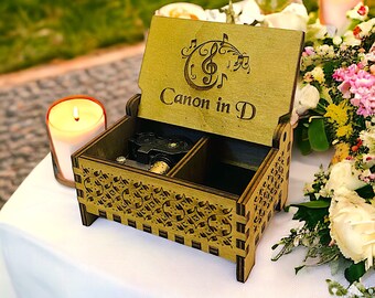 Canon in D Music Box | Wind-up and Hand-crank Version | Custom Engraving | Compartment for Small Keepsakes | Perfect Wedding Gift |