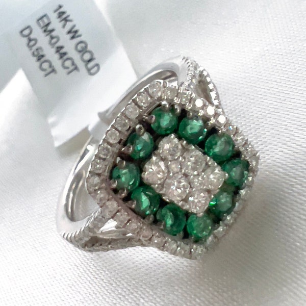 Solid 14k white gold emerald square diamond ring