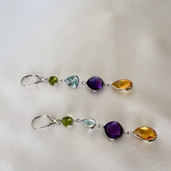 Large Briolette Multi color dangle earrings in solid 14K gold