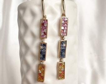 14k Solid Gold Genuine Natural Diamond and Blue, Pink and Yellow Sapphire, Long Linear Hombre Earrings  2 Inch Length