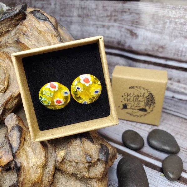 Round Millefiori Colorful Glass Flower Stud Earrings - Hypoallergenic Option Available (FREE GIFT WRAPPING)