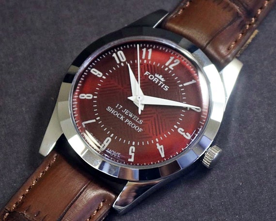 Swiss Made Vintage Fortis Mens Wrist Watch Red Dial Mechanical