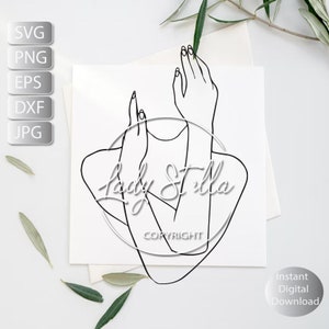 May include: Line art drawing of a person's arms and hands crossed over each other. The drawing is in black and white and has a minimalist style. The text "Lady Stella Copyright" is at the bottom of the drawing.