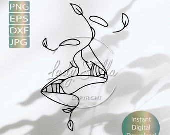 May include: Line art illustration of a pair of lips with a vine growing from the bottom lip. The vine has leaves and a small flower.