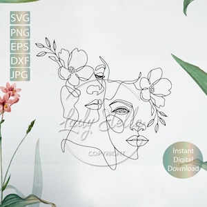 花柄の女性 ラインアート SVG、PNG、EPS、DXF、Jpg | ミニマリストの女性 | ラインアートの女性 EPS、SVG、PNG、DXF、Jpg 即時ダウンロード