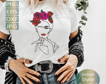 Frida Woman Floral svg png eps dxf |Line art Woman svg png eps dxf |Pretty Woman Svg Png Dxf  Instant Download