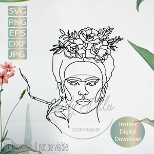 May include: Line art drawing of a woman with a flower crown and a cigarette in her hand. The drawing is in black and white and has a minimalist style.